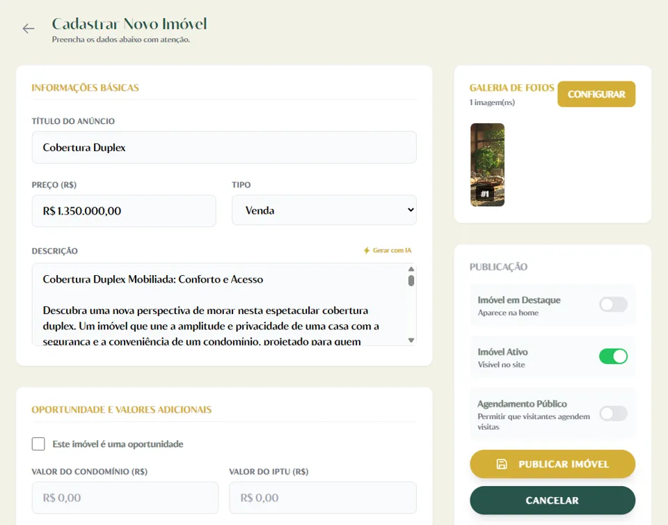 Cadastro de imóvel com descrição gerada por IA